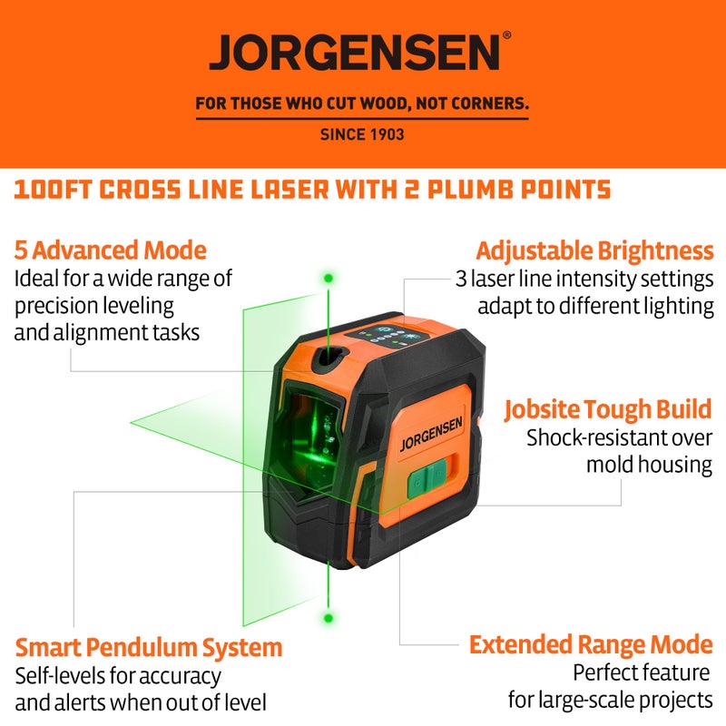 JORGENSEN Laser Level with Tripod & 2 Plumb Dots, 100 FT Self Leveling Point Cross Line Laser Leveler Tool, Wide Angle Green Laser Level for Picture Hanging, Indoor Project, Construction, Carry Bag - Image 2