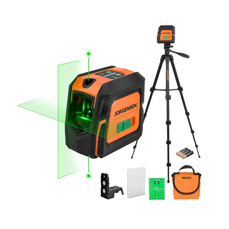 JORGENSEN Laser Level with Tripod & 2 Plumb Dots, 100 FT Self Leveling Point Cross Line Laser Leveler Tool, Wide Angle Green Laser Level for Picture Hanging, Indoor Project, Construction, Carry Bag - Image 1