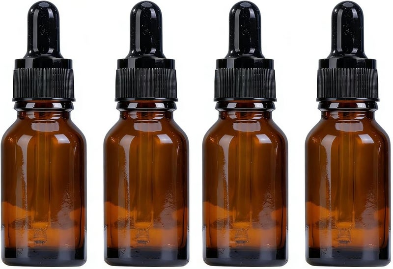 ericotry 4PCS 15ml (1/2 oz) Empty Refillable Amber Glass Droppers Essential Oil Bottles Aromatherapy Cosmetics Elite Fluid Container Jar Pot Holder with Glass Eye Dropper and Black Caps - Image 1