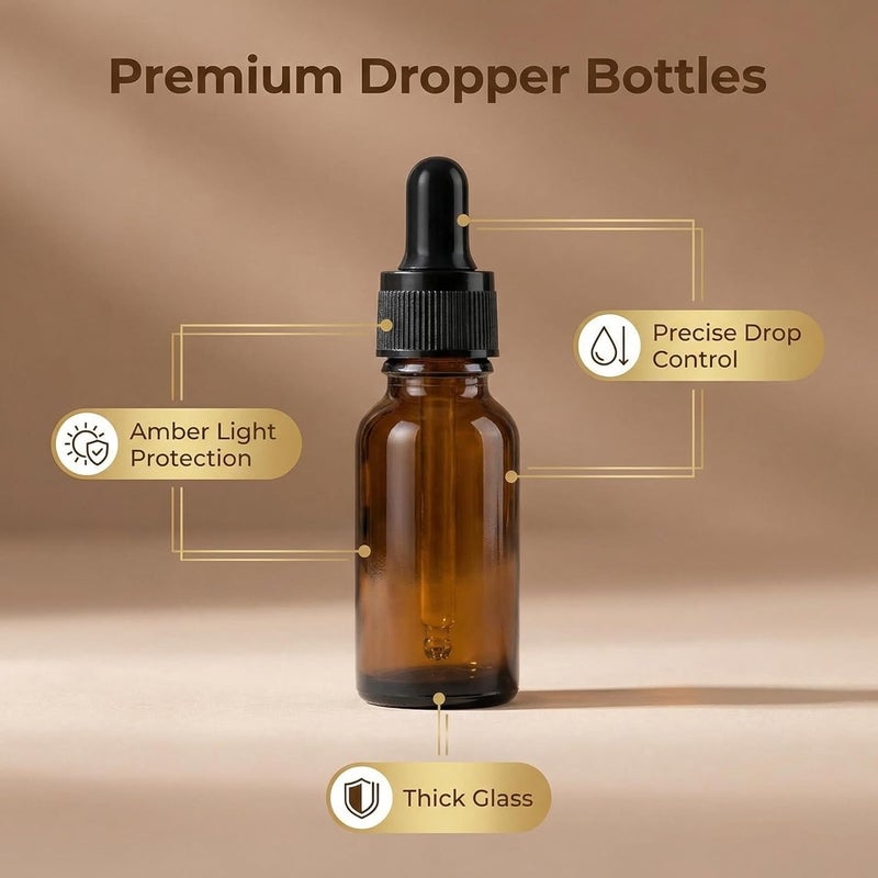ericotry 4PCS 15ml (1/2 oz) Empty Refillable Amber Glass Droppers Essential Oil Bottles Aromatherapy Cosmetics Elite Fluid Container Jar Pot Holder with Glass Eye Dropper and Black Caps - Image 5