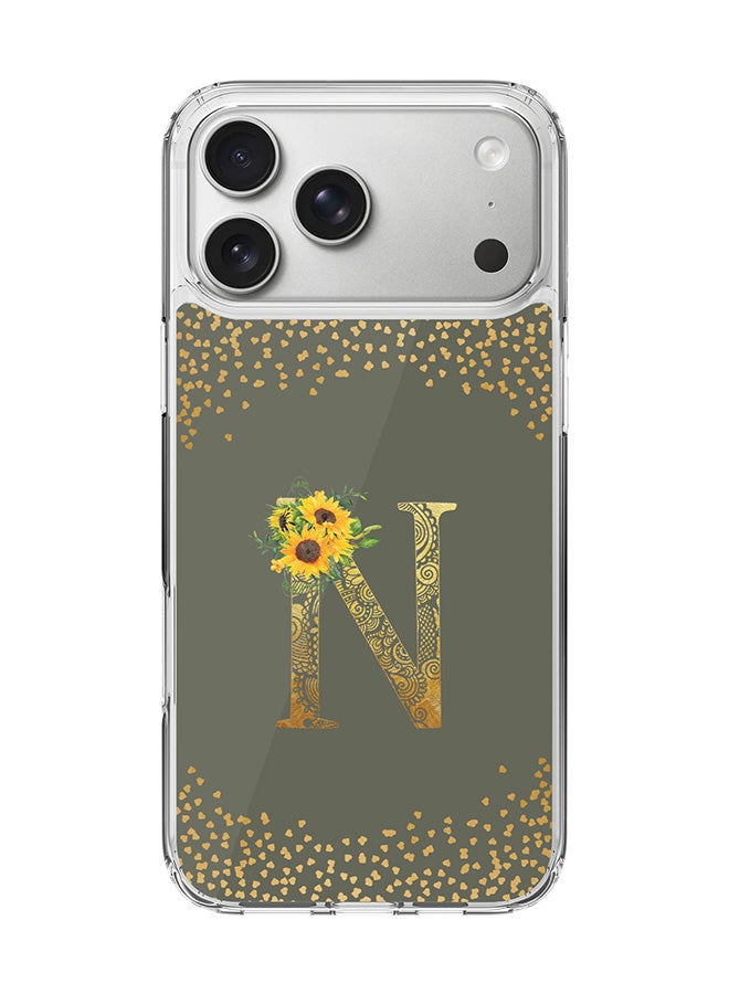 Stylizedd Classic Clear MagSafe Case for iPhone 17 Pro Max , Hybrid Soft Case Flexible Edges Anti Drop TPU PC Gel Thin Transparent Cover [ Designed for iPhone 17 Pro Max ] - Custom Monogram Initial Letter Floral Pattern Alphabet - N  (Olive Green )