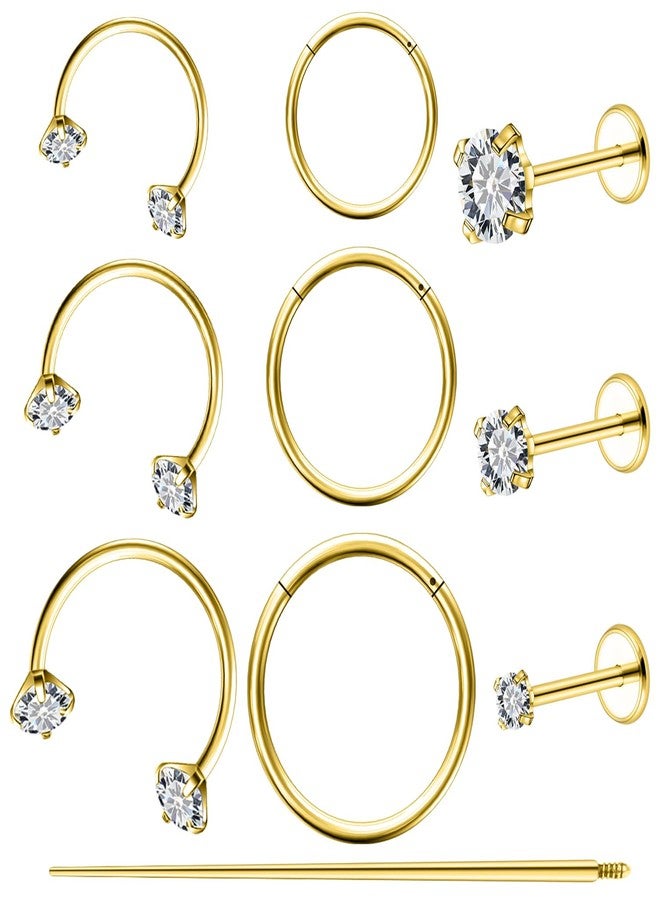 Hoeudjo 18G Surgical Steel Internally Threaded Nose Stud Earrings Flat Back Tiny CZ Stud Piercing Jewelry for Tragus/Helix/Conch - Horseshoe Nose Ring Hoops Helix Tragus Cartilage Earring for Women Men Gold-tone - Image 1