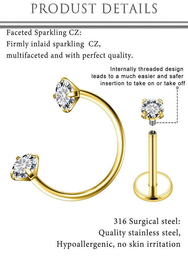 Hoeudjo 18G Surgical Steel Internally Threaded Nose Stud Earrings Flat Back Tiny CZ Stud Piercing Jewelry for Tragus/Helix/Conch - Horseshoe Nose Ring Hoops Helix Tragus Cartilage Earring for Women Men Gold-tone - Image 3