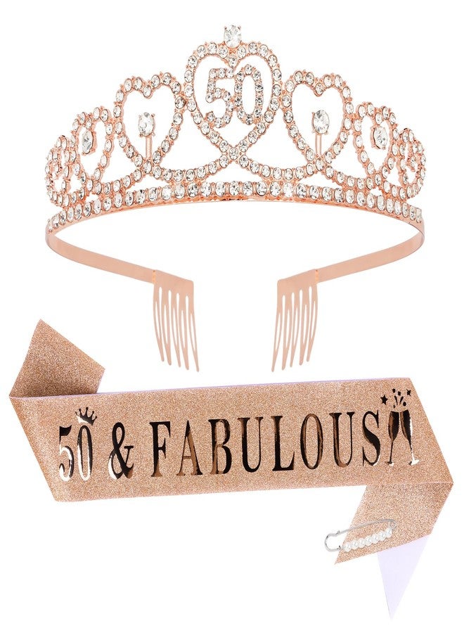 Amariver 50th Birthday Crown and Sash for Girls 50th Birthday Decoration 50th Rose Gold Tiara and 50&Fabulous Sash 50th Party Gifts Party Supplies - Image 1