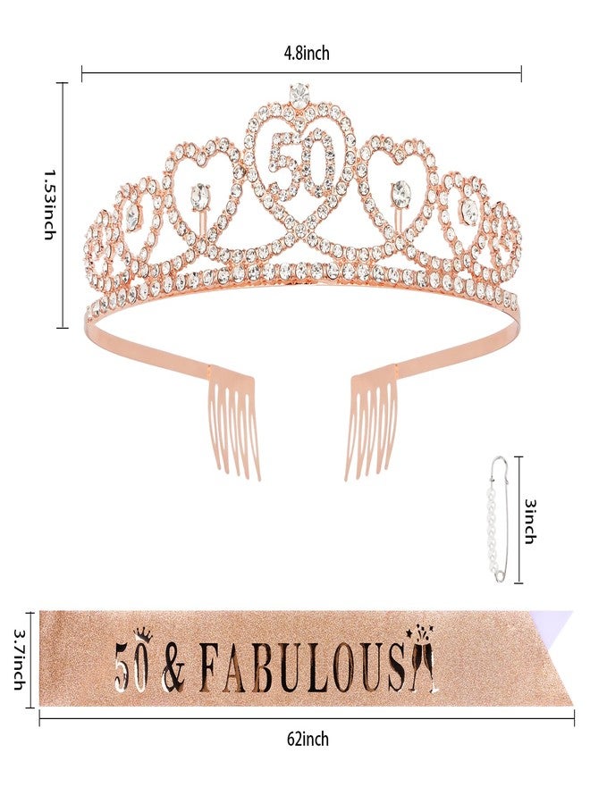 Amariver 50th Birthday Crown and Sash for Girls 50th Birthday Decoration 50th Rose Gold Tiara and 50&Fabulous Sash 50th Party Gifts Party Supplies - Image 2