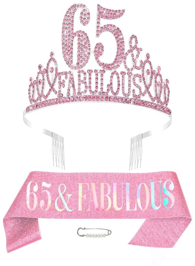Hapdoo Pink 65th Birthday Decoraions for Women, 65th Birthday Sash and Crown Happy 65 and Fabulous Tiara and Sash Set Party Decorations - Image 1