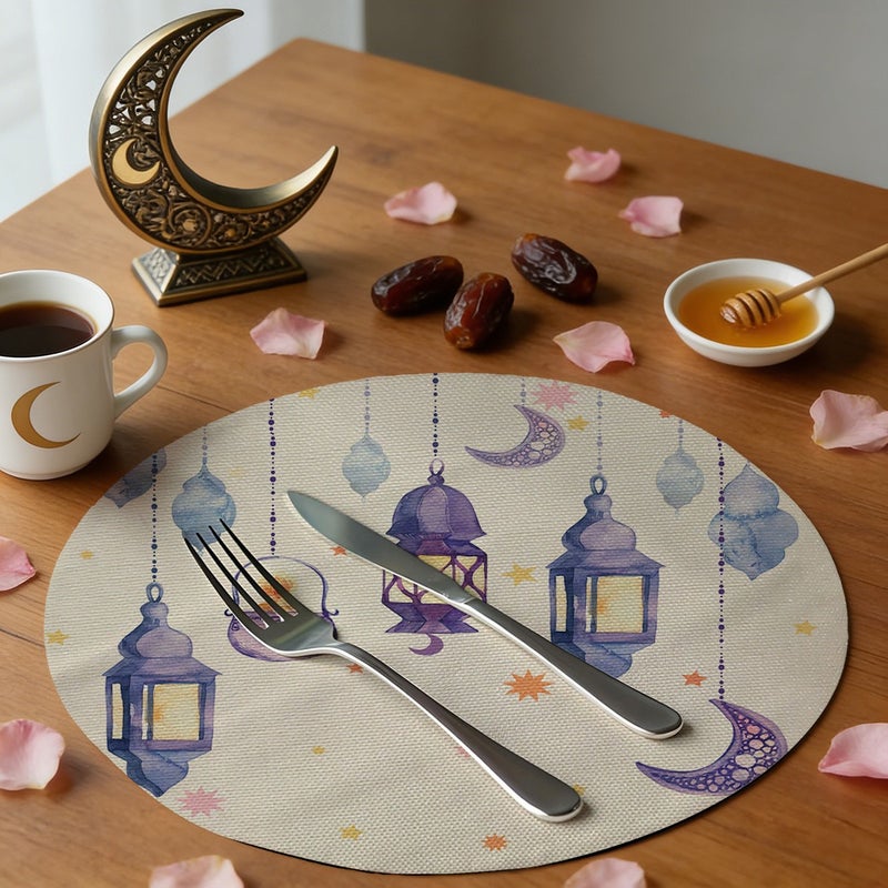 Islamic Moon Print Round Linen Placemats, Ramadan Eid Festival Table Decor Heat Resistant Mats, Durable Washable Dining Table Mats for Kitchen  Restaurant - Image 4