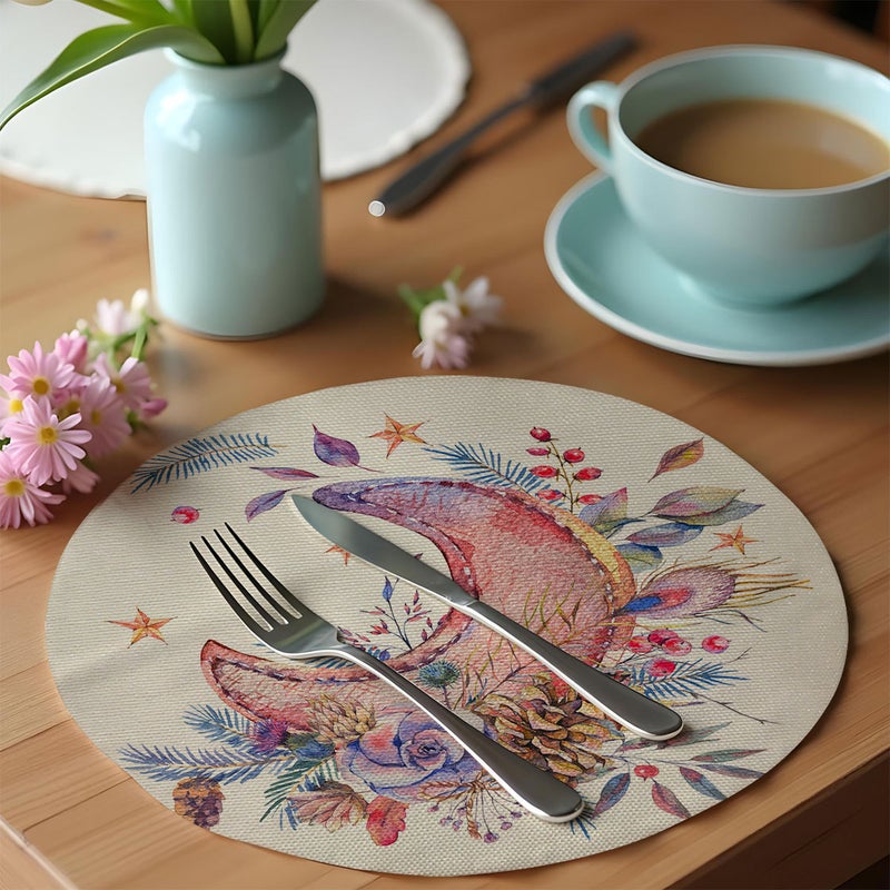 Islamic Moon Print Round Linen Placemats, Ramadan Eid Festival Table Decor Heat Resistant Mats, Durable Washable Dining Table Mats for Kitchen  Restaurant - Image 1
