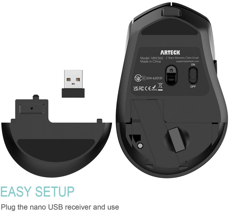 Arteck 2.4G Wireless Mouse with Nano USB Receiver Ergonomic Right Hand Silent Clicking with Backward & Forward for Computer/Desktop/PC/Laptop and Windows 10/8/7 Build in Rechargeable Battery - Image 3