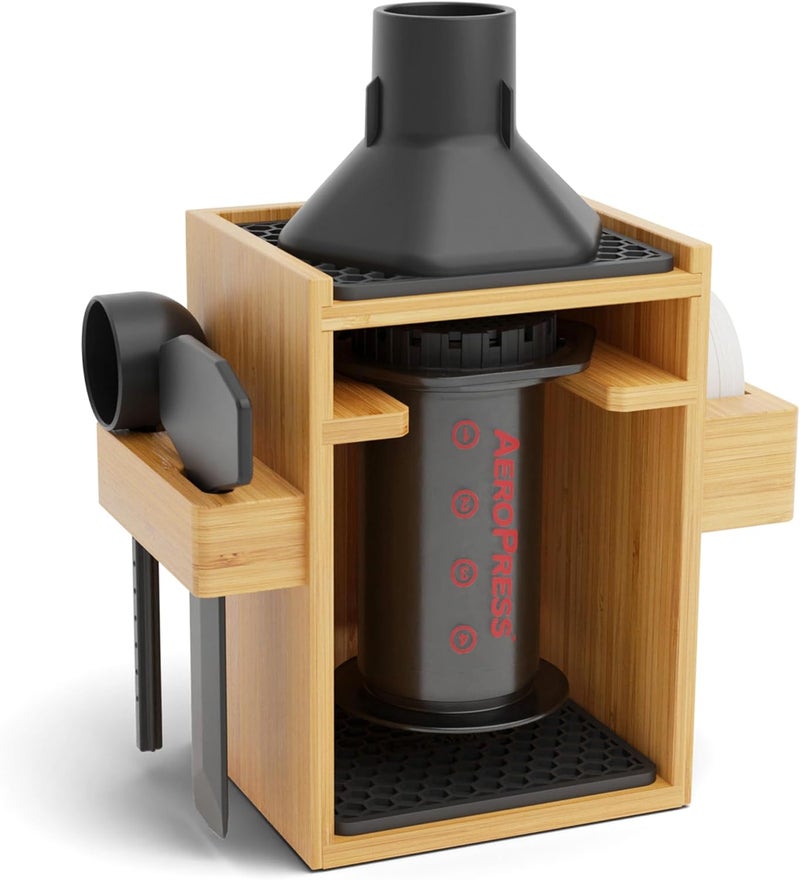 HEXNUB – Compact AeroPress Organizer Stand, Bamboo Coffee Caddy for AeroPress Coffee Maker, Accessories, Filters, Cups, Includes Mats - Black - Image 1