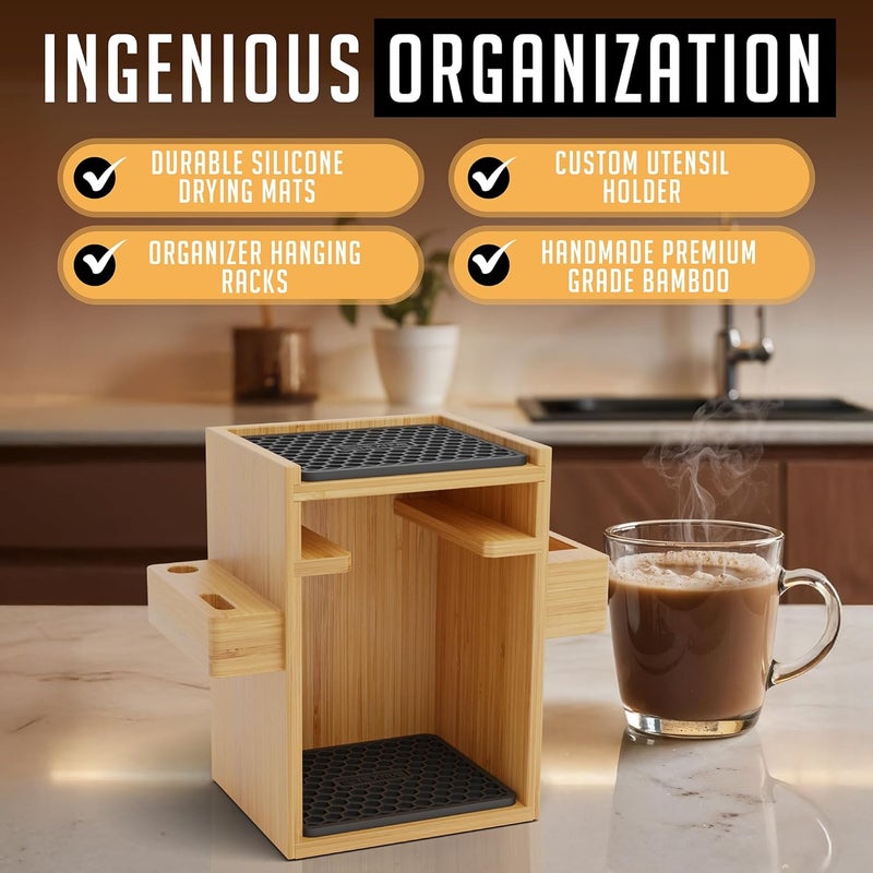 HEXNUB – Compact AeroPress Organizer Stand, Bamboo Coffee Caddy for AeroPress Coffee Maker, Accessories, Filters, Cups, Includes Mats - Black - Image 5