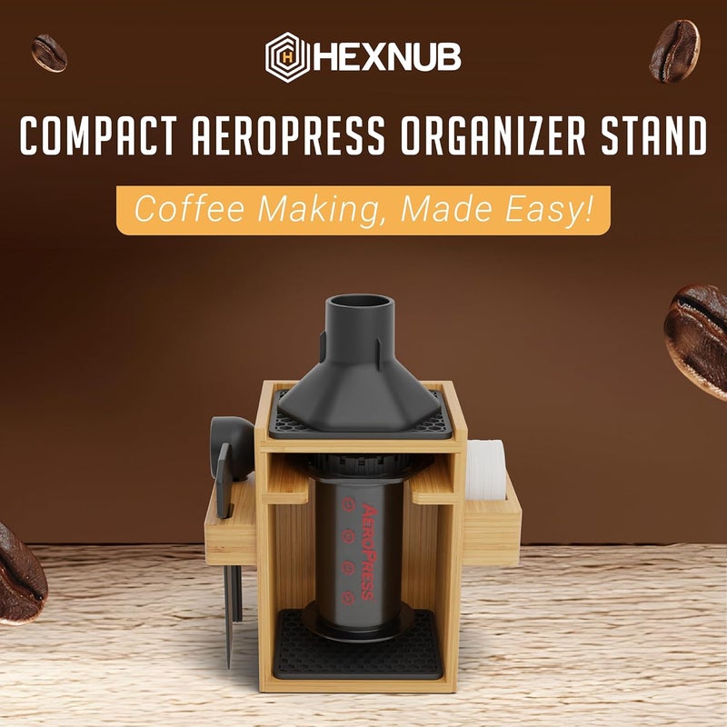 HEXNUB – Compact AeroPress Organizer Stand, Bamboo Coffee Caddy for AeroPress Coffee Maker, Accessories, Filters, Cups, Includes Mats - Black - Image 2