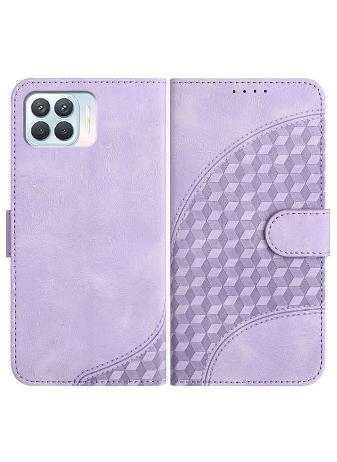 HuHa Case Cover For OPPO A93 4G/F17 Pro/Reno4 Lite/Reno4 F YX0060 Elephant Head Embossed Phone Leather Case with Lanyard Light Purple 