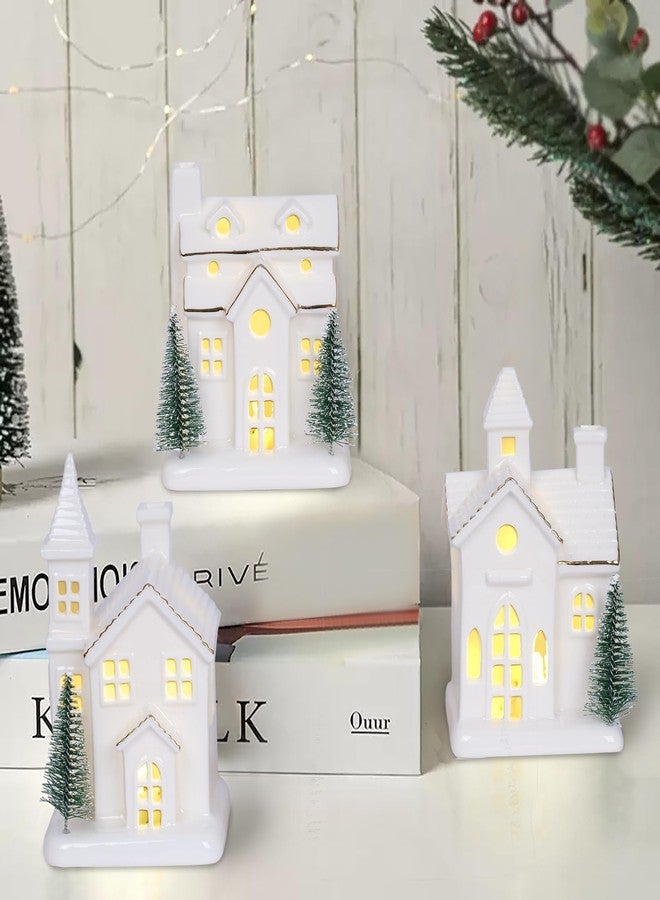 Dlfghos Ceramic White Christmas Village Houses 3Pcs Light Up Small Porcelain Village House with 4Pcs Christmas Trees LED Lighted Tabletop House Figurines Christmas Decorations for Holiday Winter Home Decor - Image 4