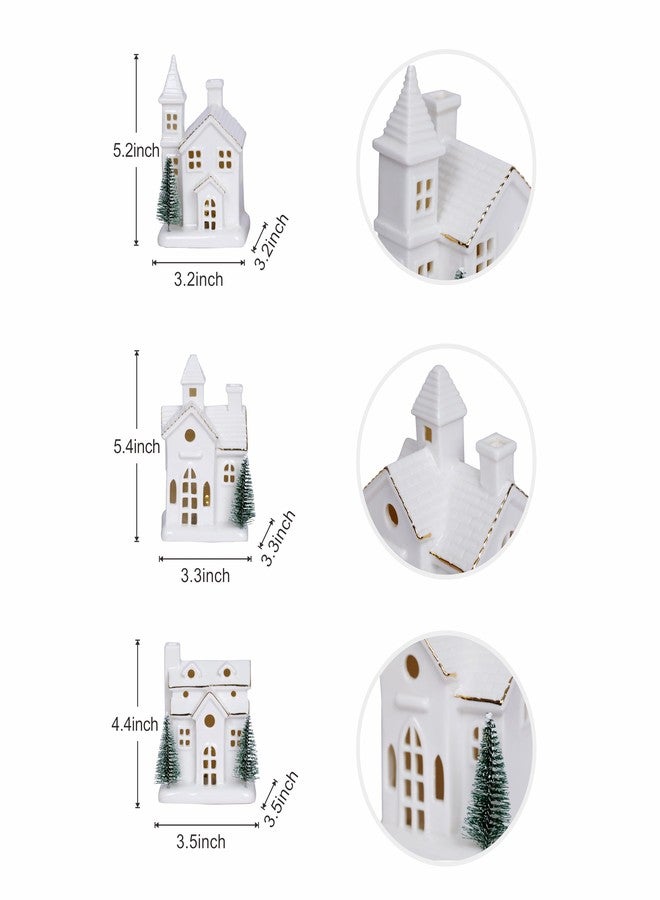 Dlfghos Ceramic White Christmas Village Houses 3Pcs Light Up Small Porcelain Village House with 4Pcs Christmas Trees LED Lighted Tabletop House Figurines Christmas Decorations for Holiday Winter Home Decor - Image 5