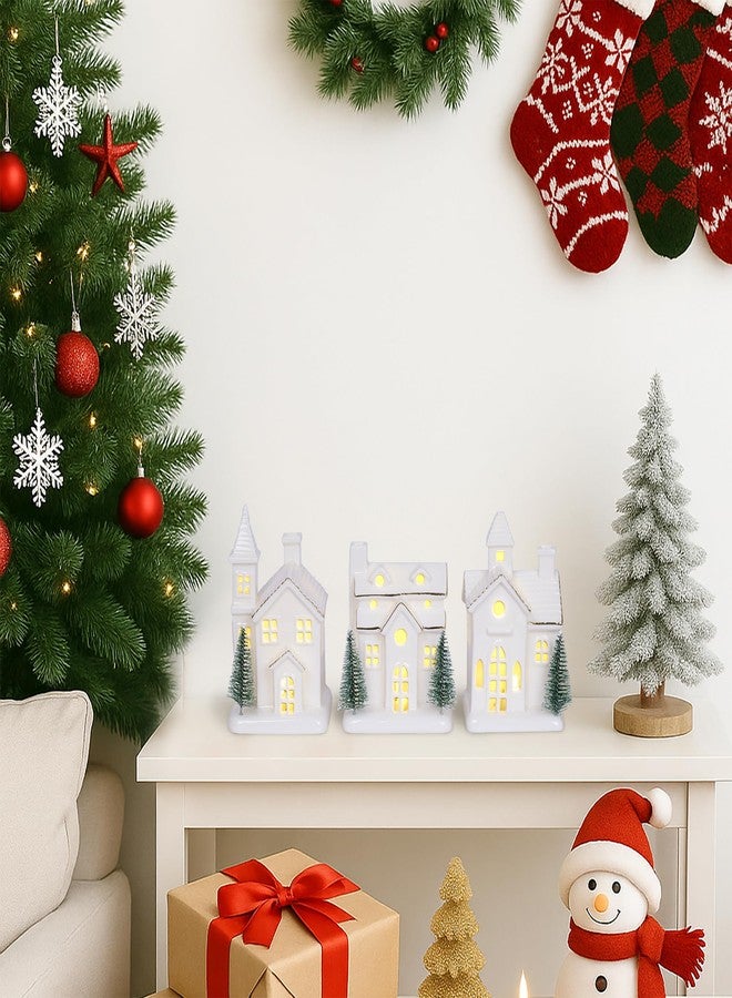 Dlfghos Ceramic White Christmas Village Houses 3Pcs Light Up Small Porcelain Village House with 4Pcs Christmas Trees LED Lighted Tabletop House Figurines Christmas Decorations for Holiday Winter Home Decor - Image 3