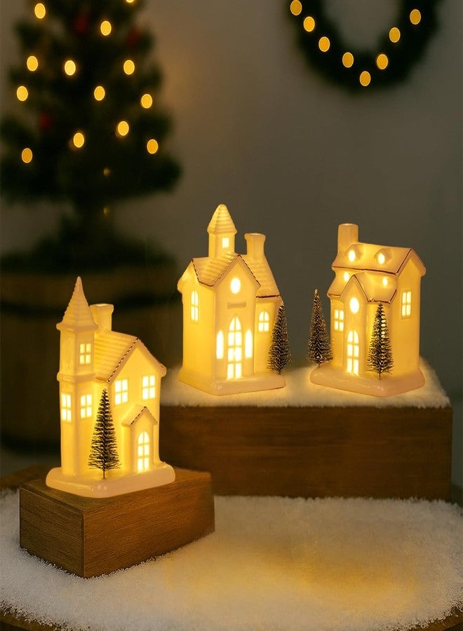 Dlfghos Ceramic White Christmas Village Houses 3Pcs Light Up Small Porcelain Village House with 4Pcs Christmas Trees LED Lighted Tabletop House Figurines Christmas Decorations for Holiday Winter Home Decor - Image 2