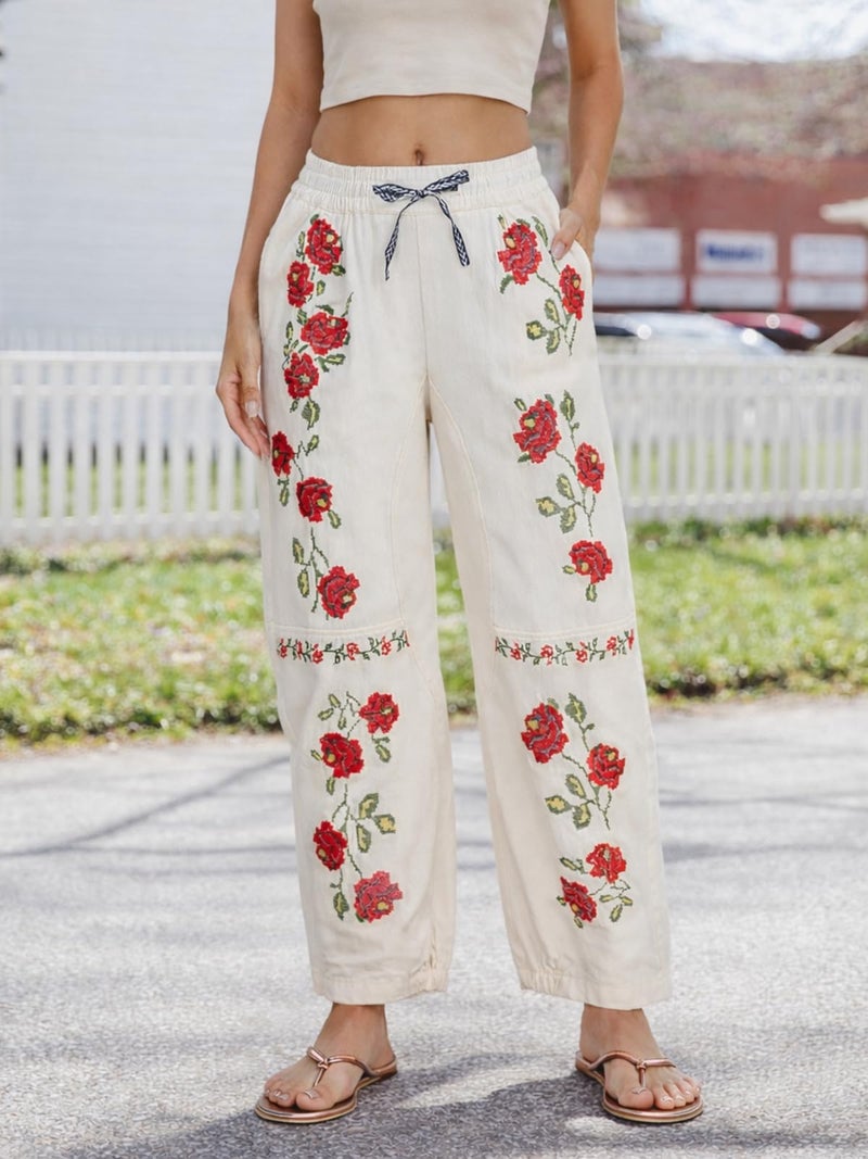 Kedera Women's Causal Baggy Boyfriend Jeans Vintage Wide Leg Floral Embroidered Mid Rise Barrel Denim Ankle Pants - Image 4