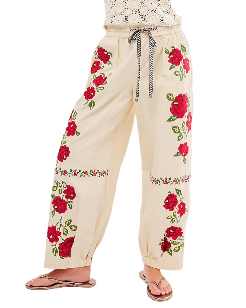 Kedera Women's Causal Baggy Boyfriend Jeans Vintage Wide Leg Floral Embroidered Mid Rise Barrel Denim Ankle Pants - Image 1