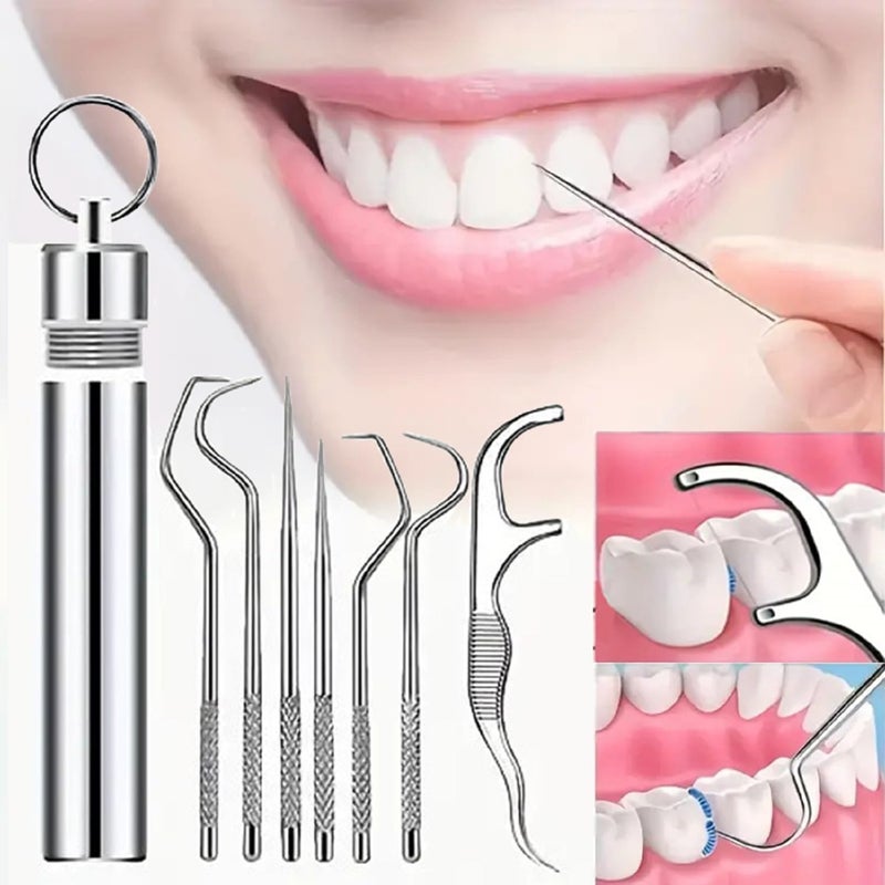 SPAREQUE tooth claening kit,Dental Tools, 7 in 1 Stainless Steel Teeth Cleaning Tool Kit, Dental Hygiene Kit Toothpicks Cleaning Picks Flosser for Teeth Braces Cleaning Tools - Image 1