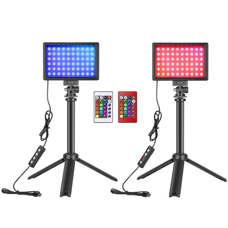 RGB Video Light Kit: 2 Black RGB Fill Lights With 60 LED Beads, 11W High Power, 8 Brightness Levels - Colorful Lighting Effects 4 Scene Modes, Desktop Tripod 23cm/33cm Height, 180° Adjustable Mounting - Image 1