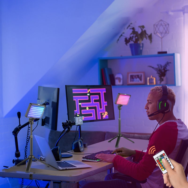 RGB Video Light Kit: 2 Black RGB Fill Lights With 60 LED Beads, 11W High Power, 8 Brightness Levels - Colorful Lighting Effects 4 Scene Modes, Desktop Tripod 23cm/33cm Height, 180° Adjustable Mounting - Image 2