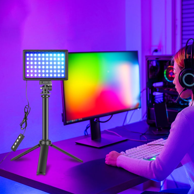 RGB Video Light Kit: 2 Black RGB Fill Lights With 60 LED Beads, 11W High Power, 8 Brightness Levels - Colorful Lighting Effects 4 Scene Modes, Desktop Tripod 23cm/33cm Height, 180° Adjustable Mounting - Image 3