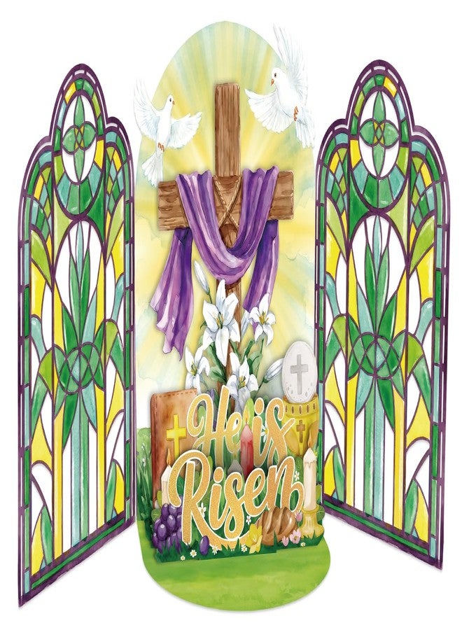 D4DREAM Pop Up Religious Easter Card - He Is Risen Christian Easter Card Church Stained Glass & Cross Scene, for Church Decor Spiritual Gift (6”x8”) - Image 1