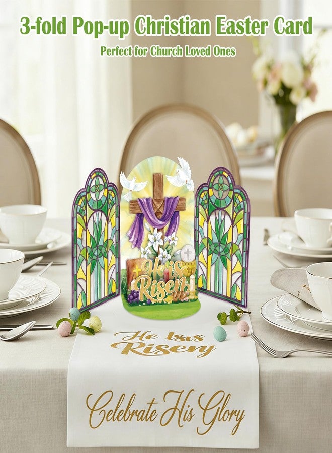D4DREAM Pop Up Religious Easter Card - He Is Risen Christian Easter Card Church Stained Glass & Cross Scene, for Church Decor Spiritual Gift (6”x8”) - Image 2