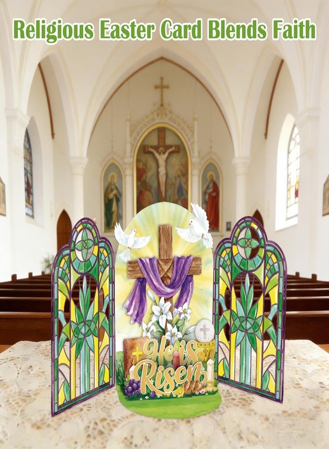 D4DREAM Pop Up Religious Easter Card - He Is Risen Christian Easter Card Church Stained Glass & Cross Scene, for Church Decor Spiritual Gift (6”x8”) - Image 4