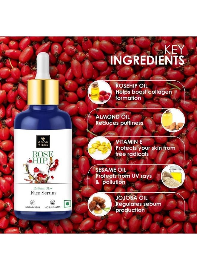 Good Vibes Rosehip Radiant Glow Face Serum | Lightweight Moisturizing Naturally Brightening Formula For All Skin Types | Natural, No Parabens & Sulphates (30 ml/1.01 Fl Oz)  - Image 2