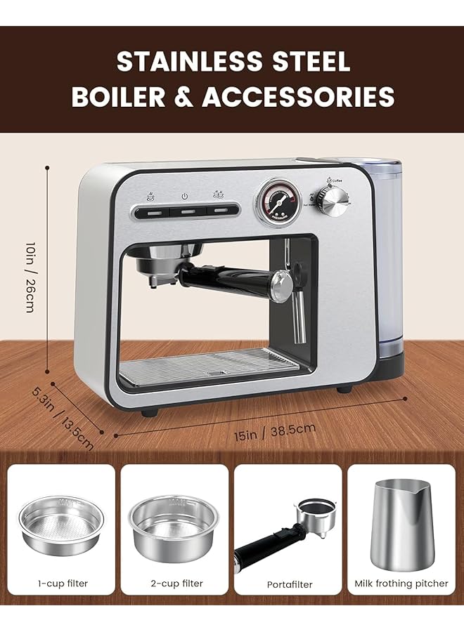 إيروريكس ماكينة صنع الإسبريسو بقوة 15 بار مع خزان مياه شفاف قابل للإزالة سعة 1 لتر بقوة 1450 وات مع مقياس ضغط لخفاقة الحليب بالبخار وهيكل من الفولاذ المقاوم للصدأ 430 للاستخدام المنزلي والمكتب - Image 4