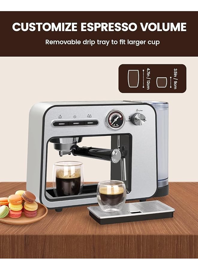 إيروريكس ماكينة صنع الإسبريسو بقوة 15 بار مع خزان مياه شفاف قابل للإزالة سعة 1 لتر بقوة 1450 وات مع مقياس ضغط لخفاقة الحليب بالبخار وهيكل من الفولاذ المقاوم للصدأ 430 للاستخدام المنزلي والمكتب - Image 3