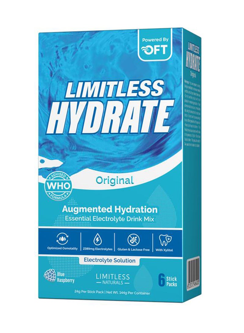 EVA PHARMA ليمتلس هايدريت أوريجينال – 6 عصي إعادة ترطيب فموية – تركيبة إلكتروليت متوافقة مع معايير منظمة الصحة العالمية بتقنية أوزمو-فلو – نكهة توت أزرق – مع إكسيليتول - Image 1