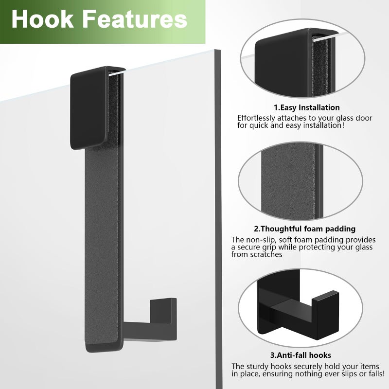 VINHOLD Shower Door Hooks, Heavy Duty Rack Hooks for Robe, Stainless Steel Towel Hooks for Bathroom, Fits Frameless Glass Shower Doors up to 3/8" (10mm) Thick (Black, 2 Pack) - Image 5