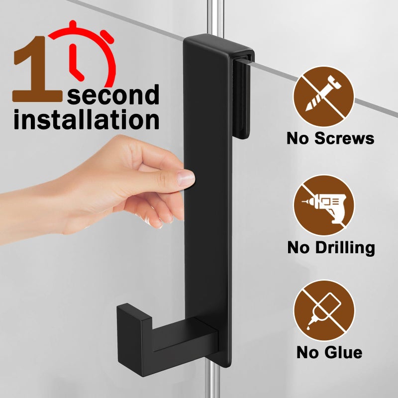 VINHOLD Shower Door Hooks, Heavy Duty Rack Hooks for Robe, Stainless Steel Towel Hooks for Bathroom, Fits Frameless Glass Shower Doors up to 3/8" (10mm) Thick (Black, 2 Pack) - Image 2