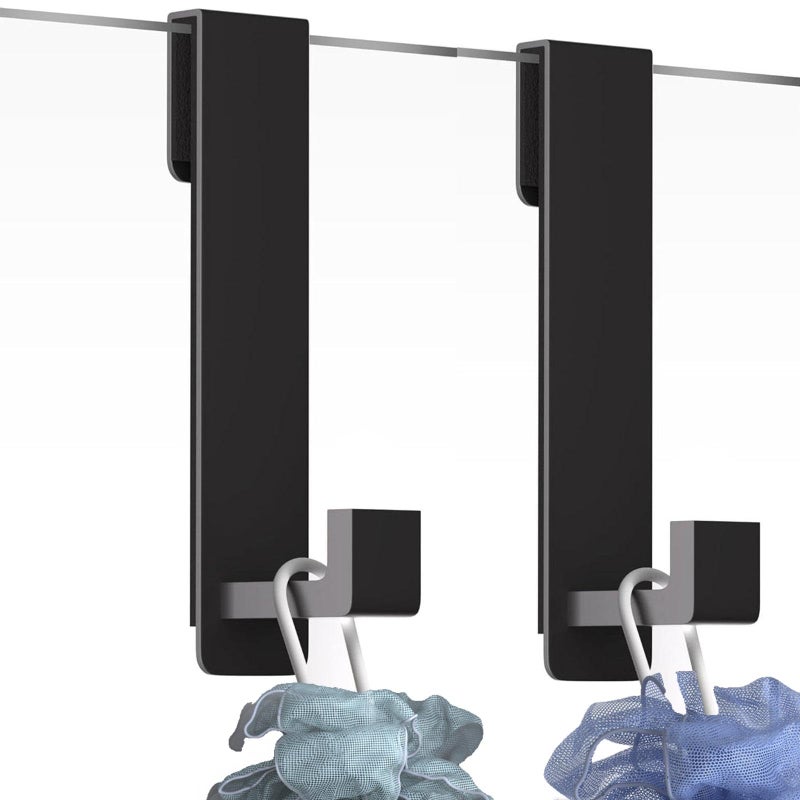 VINHOLD Shower Door Hooks, Heavy Duty Rack Hooks for Robe, Stainless Steel Towel Hooks for Bathroom, Fits Frameless Glass Shower Doors up to 3/8" (10mm) Thick (Black, 2 Pack) - Image 1