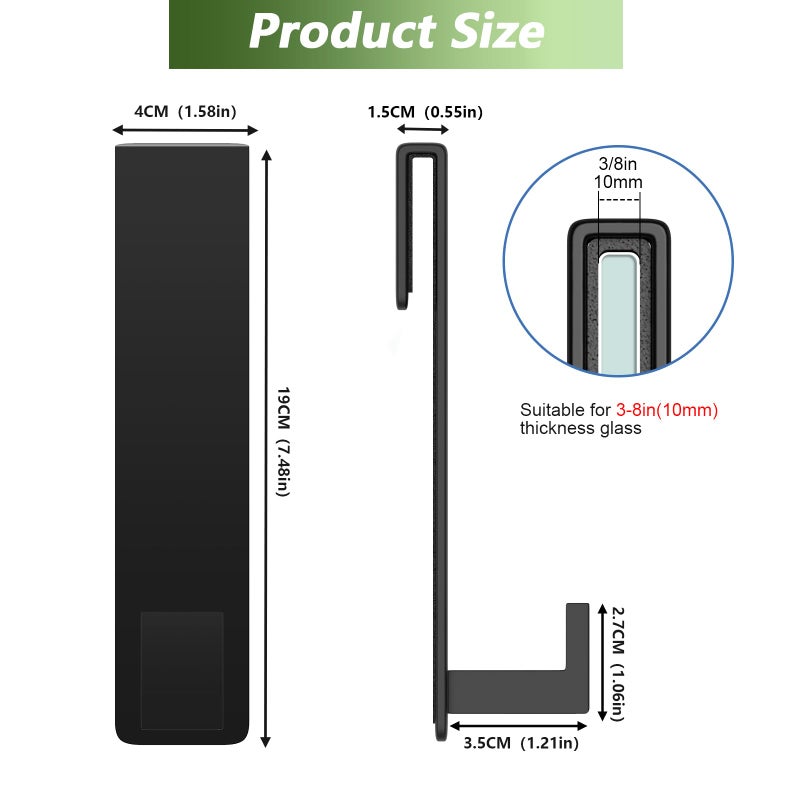 VINHOLD Shower Door Hooks, Heavy Duty Rack Hooks for Robe, Stainless Steel Towel Hooks for Bathroom, Fits Frameless Glass Shower Doors up to 3/8" (10mm) Thick (Black, 2 Pack) - Image 3