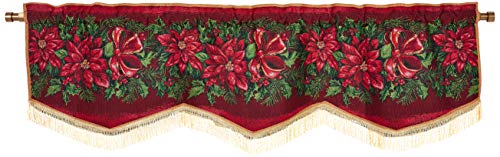 Violet Linen Decorative Christmas Poinsettias Design Tapestry 60" X 15" Window Valance - Image 1