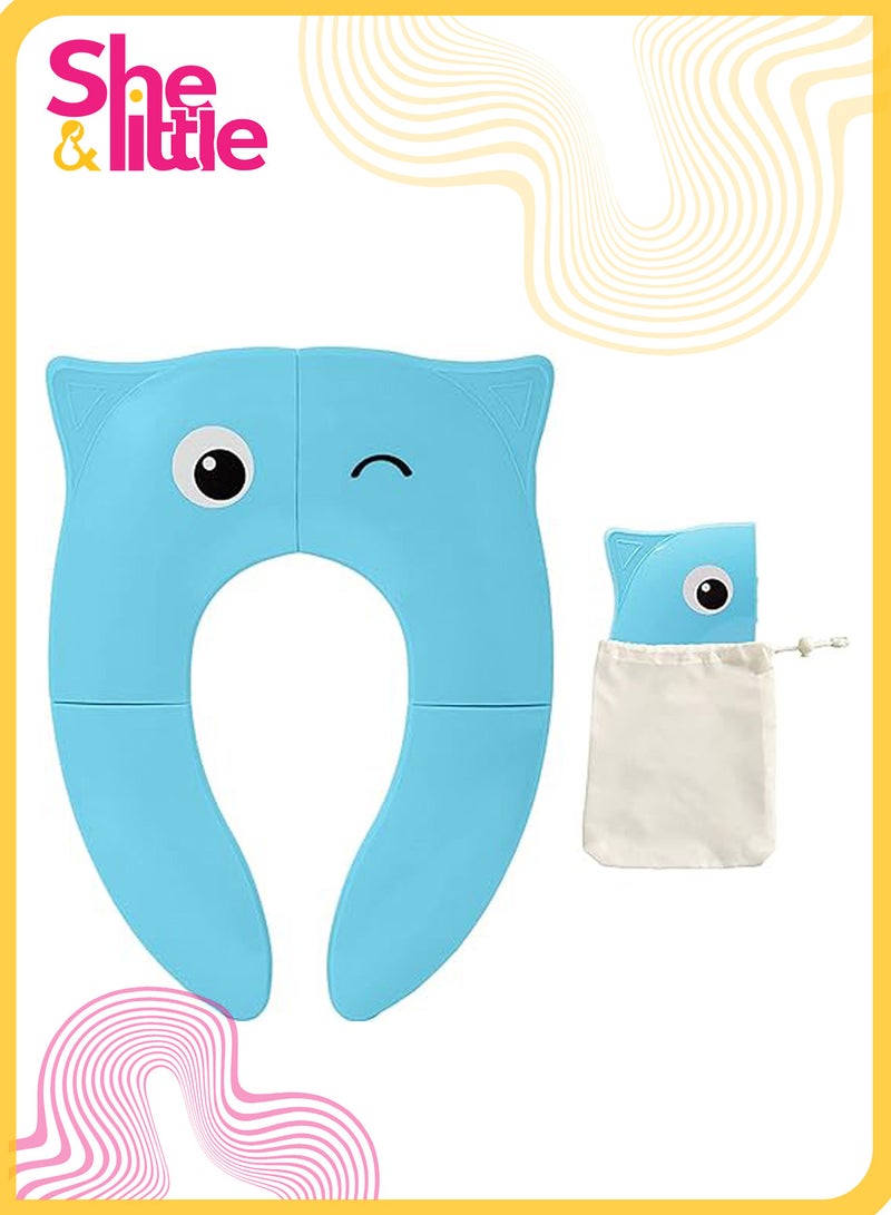 She&Little Foldable Kids Toilet Training Seat, Non-slip Portable Toddler Potty Seat with 6 Anti-slip Pads and Storage Bag (Blue Owl Design) - Image 1