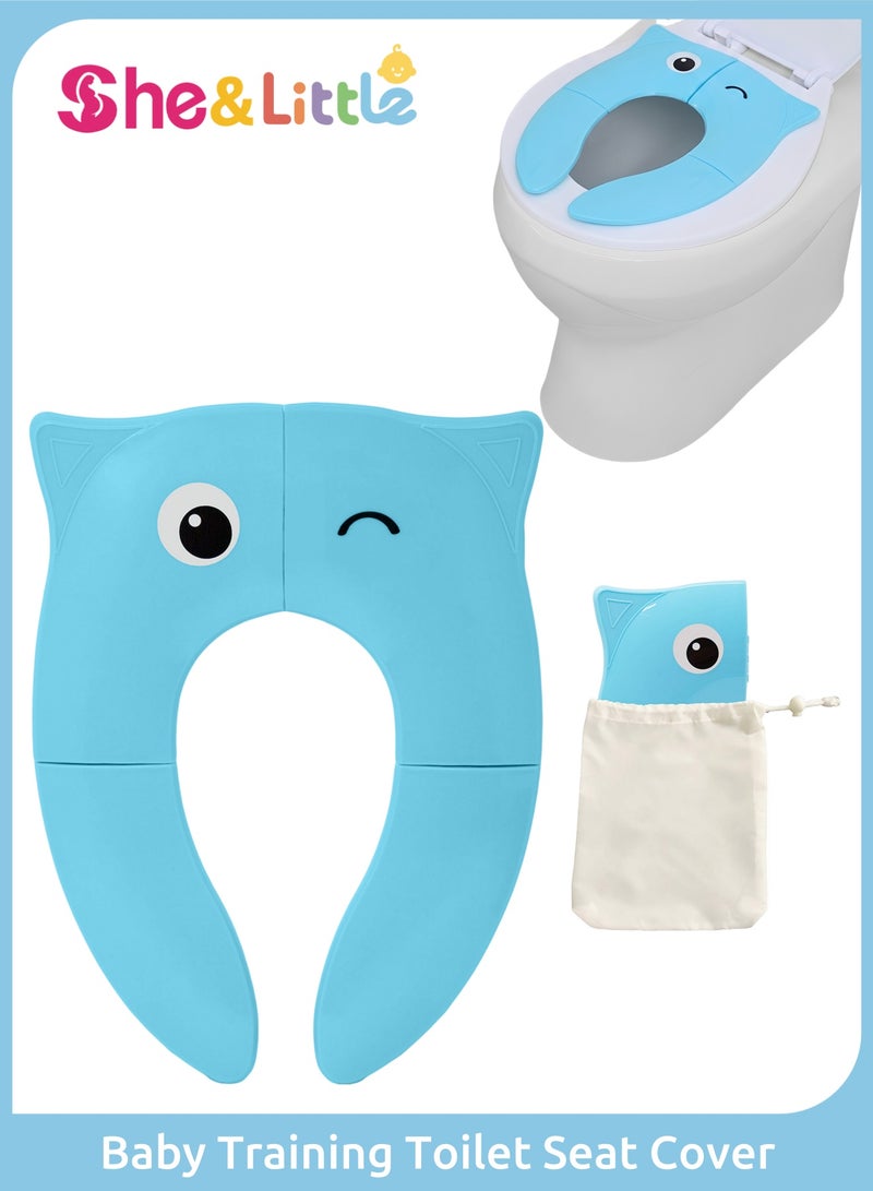 She&Little Foldable Kids Toilet Training Seat, Non-slip Portable Toddler Potty Seat with 6 Anti-slip Pads and Storage Bag (Blue Owl Design) - Image 1