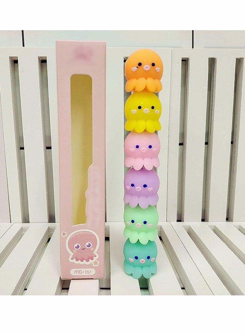 Funny Highlighter Small Colorful Octopus Highlighter 1 Box 6 Pcs 5 Colors Pastel Highlighter Set Cute Silicone Octopus Highlighter Pen for Adult Kid Student Writing Graffiti School Office Supplies - Image 3