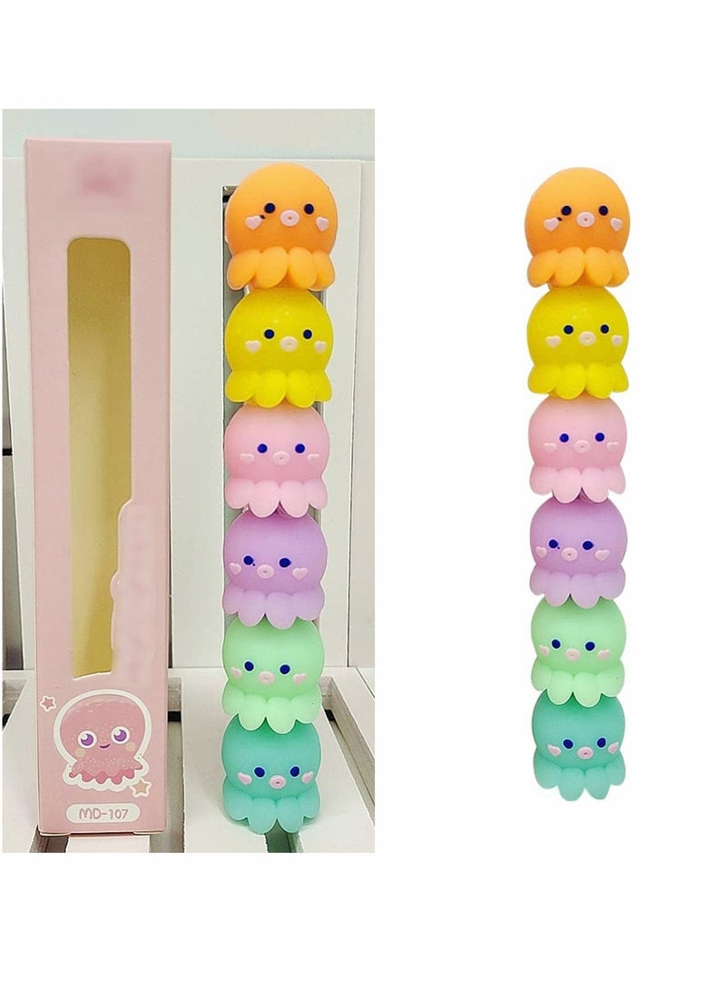 Funny Highlighter Small Colorful Octopus Highlighter 1 Box 6 Pcs 5 Colors Pastel Highlighter Set Cute Silicone Octopus Highlighter Pen for Adult Kid Student Writing Graffiti School Office Supplies - Image 1