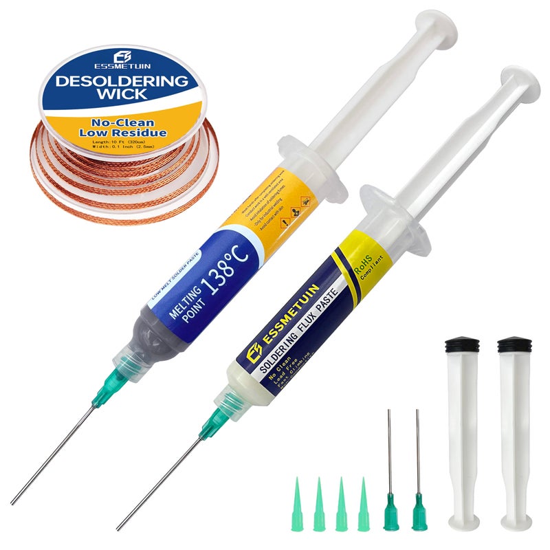 Essmetuin Sn42/Bi58 Lead Free Solder Paste (30g) & No Clean Soldering Flux(10cc) & Soler Wick for Electronic Soldering, SMD/SMT Remove - Image 1