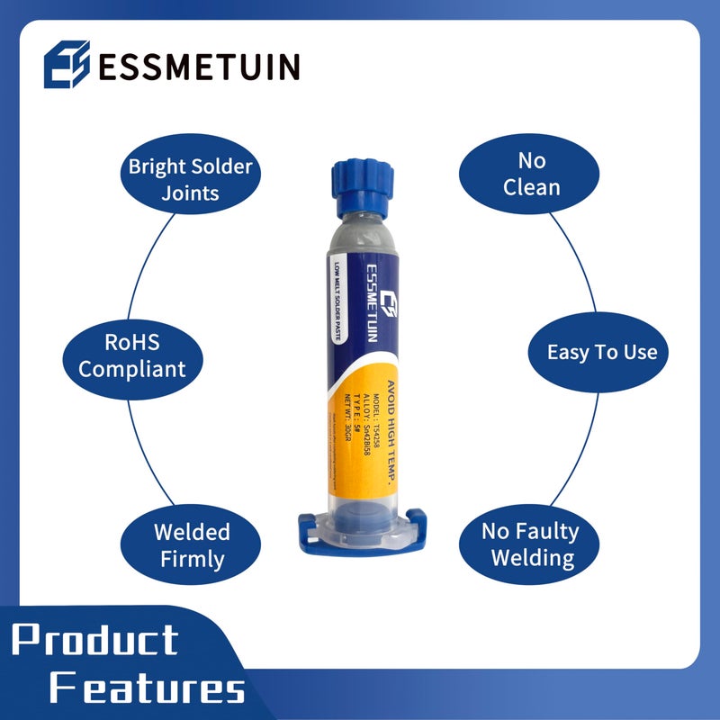 Essmetuin Sn42/Bi58 Lead Free Solder Paste (30g) & No Clean Soldering Flux(10cc) & Soler Wick for Electronic Soldering, SMD/SMT Remove - Image 2