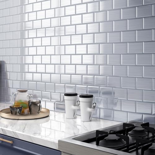 Decotalk Back Splash Stick on Tiles for Kitchen Silver Peel and Stick Backsplash 15Sheet Metallic Subway Kitchen BacksplashTiles 12x12 Inch Metal Brushed Back Splash for Bathroom Waterproof - Image 1