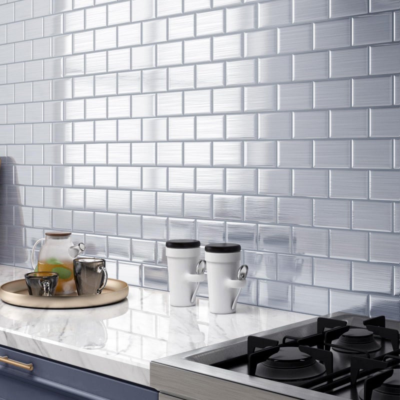 Decotalk Back Splash Stick on Tiles for Kitchen Silver Peel and Stick Backsplash 15Sheet Metallic Subway Kitchen BacksplashTiles 12x12 Inch Metal Brushed Back Splash for Bathroom Waterproof - Image 2