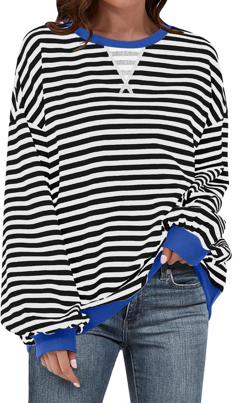UEU Womens Sweatshirts Casual Long Sleeve Crew Neck Striped Fashion Trendy Pullover Tunic Tops Black Striped XX-Large - Image 1