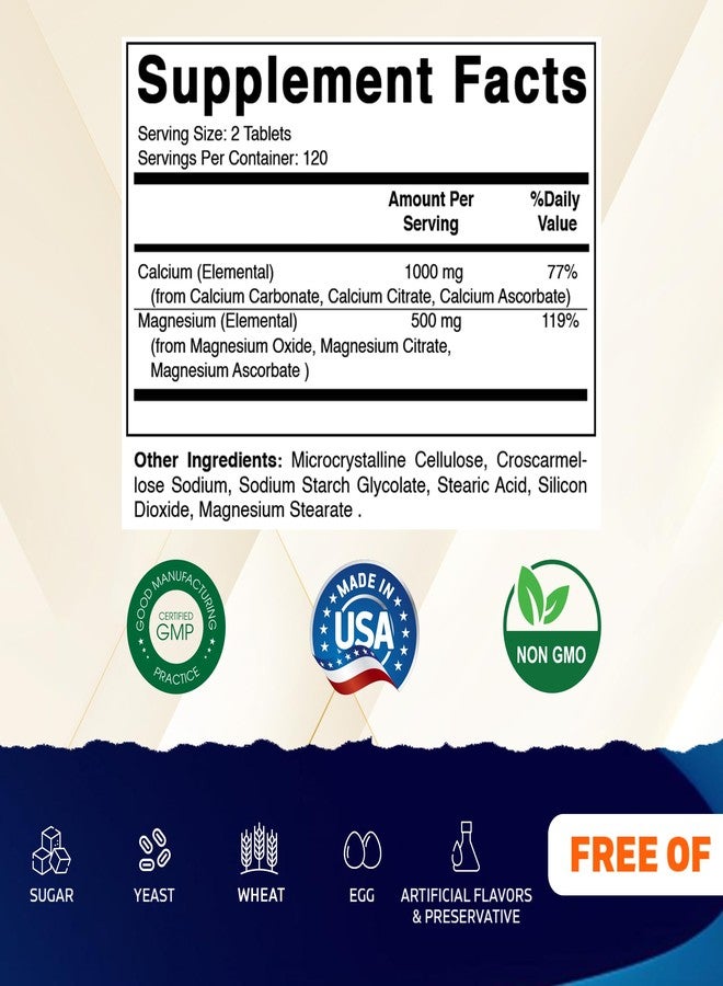 Vitamatic Calcium Magnesium Complex - 1000mg Calcium, 500mg Magnesium, Gluten-Free & Gluten Free - Supplement for Bone Health - 240 Tablets - Image 2