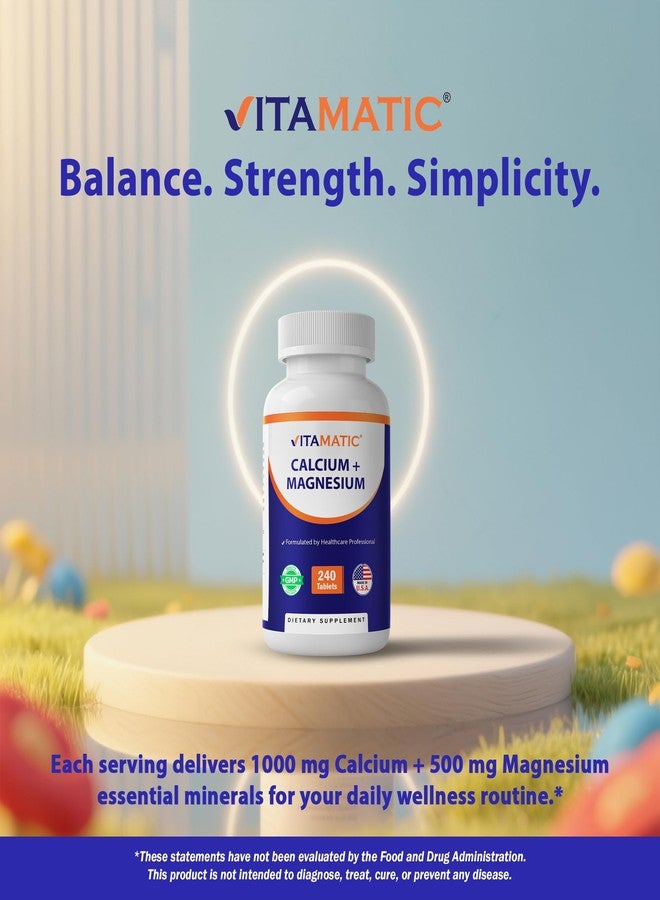 Vitamatic Calcium Magnesium Complex - 1000mg Calcium, 500mg Magnesium, Gluten-Free & Gluten Free - Supplement for Bone Health - 240 Tablets - Image 4